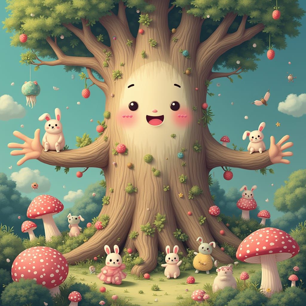 Whimsical Forest Scene with Smiling Tree in Anime Art Style
