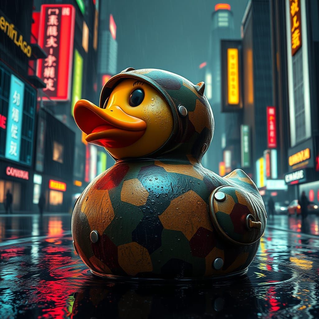 Battle-Scarred Rubber Duck in Neon Cyberpunk Cityscape