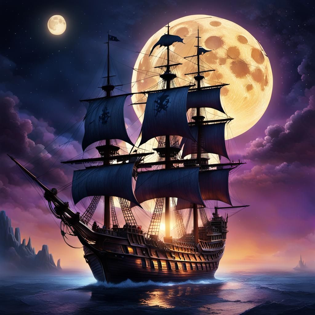 Pirate Ship Sails Beneath Midnight Sky