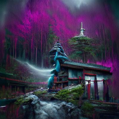 Magical Japanese Temple in Forest with Waterfall