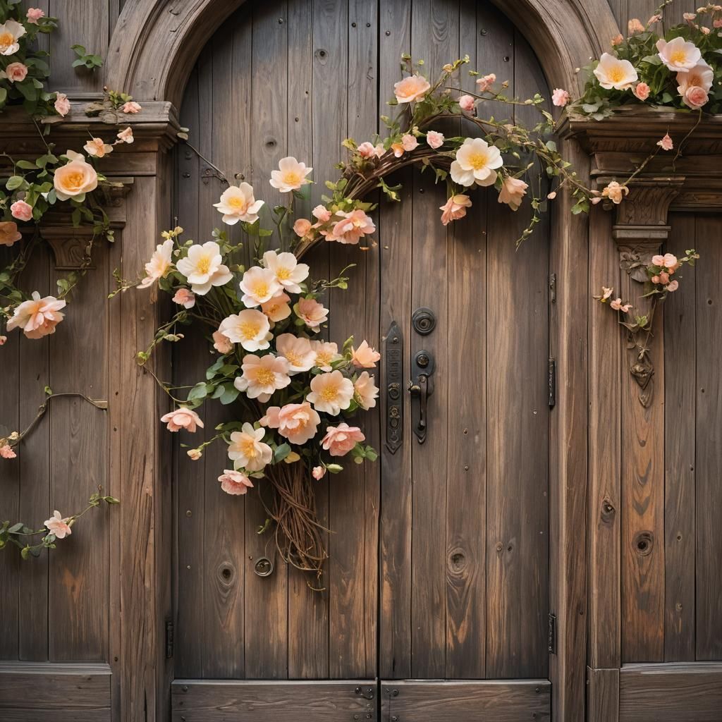 Mystical Door and Glowing Flowers in Soft Light