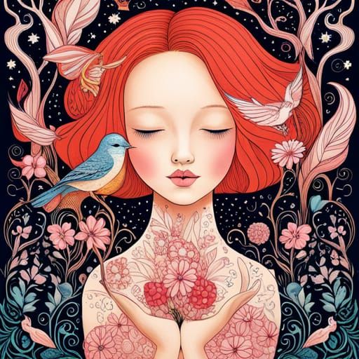 Girl with Animals: Fairytale Vector Line Art