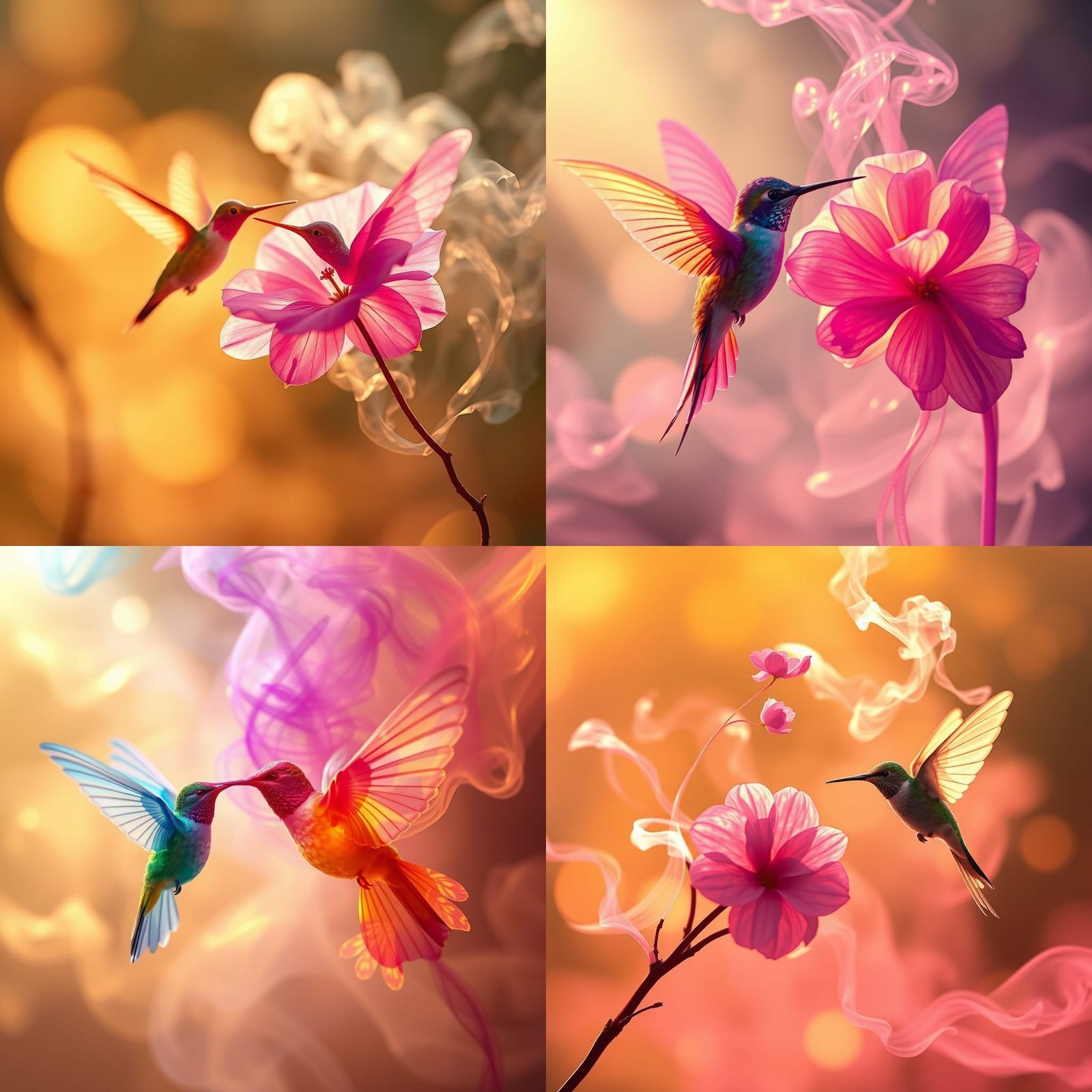 Smoke Hummingbirds and Flowers in Pastel Light