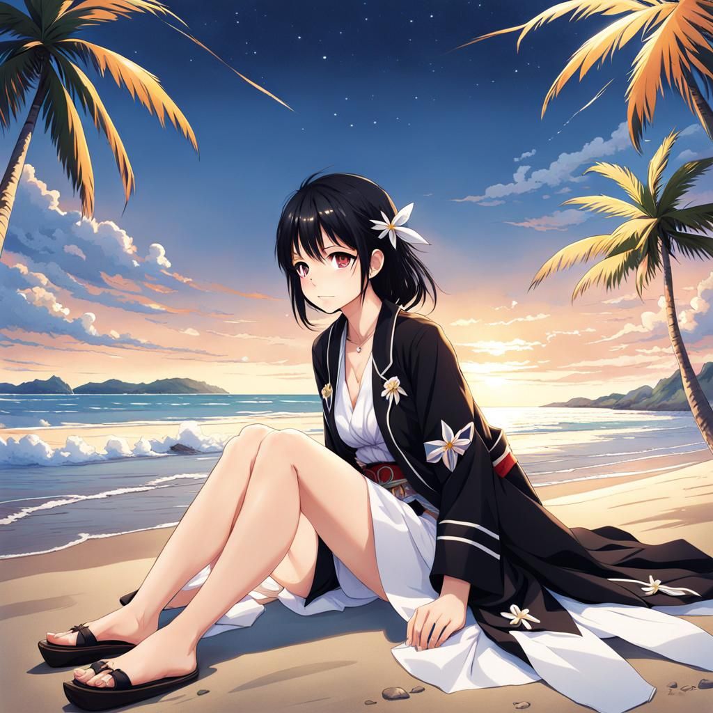 Peaceful Anime Girl on Beach Gathering Ki