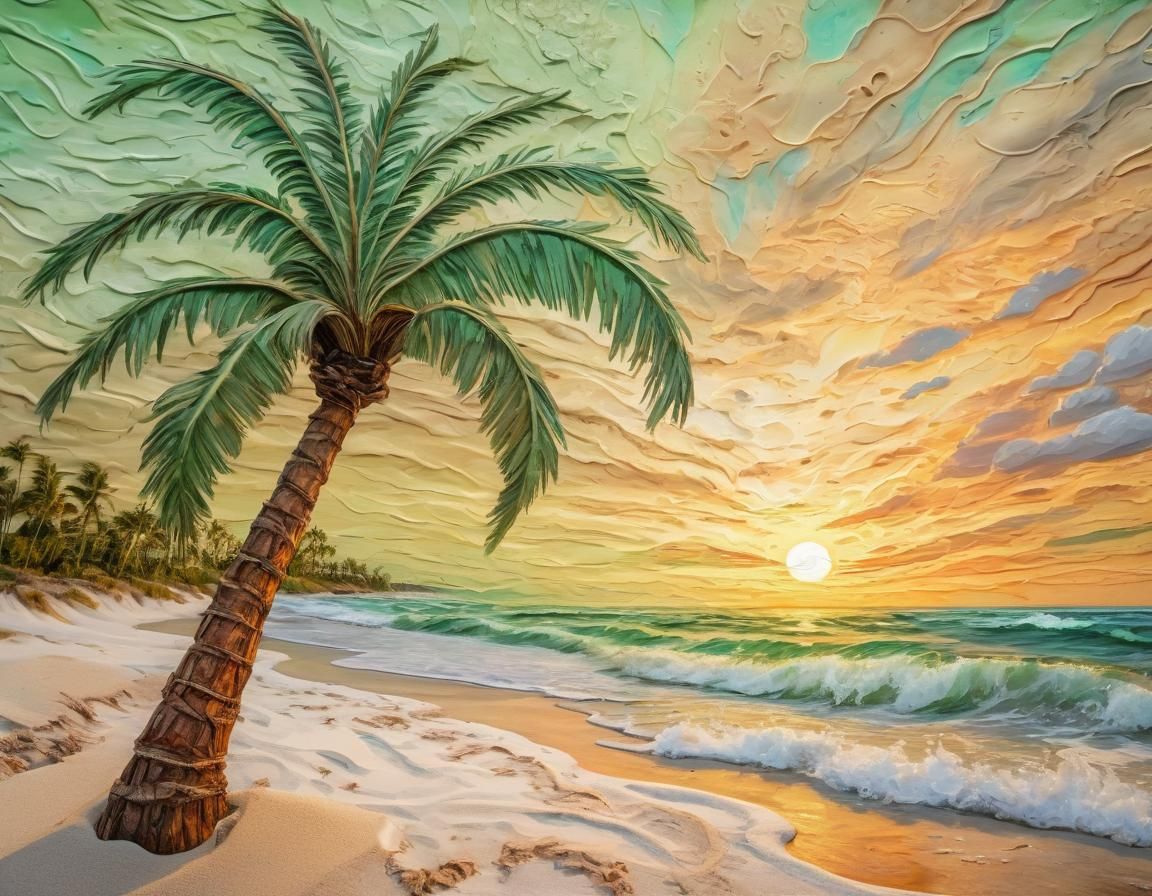 Surreal Palm Tree Sunset: Impasto Oil Painting