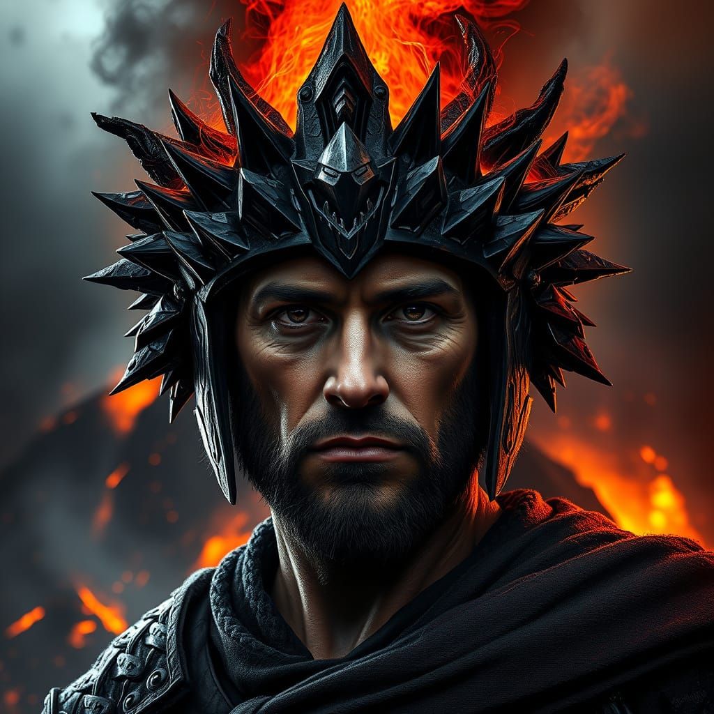 Stoic Warrior With Obsidian Helmet Against Volcano