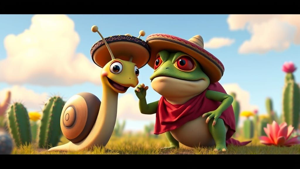 Cartoon Snail Shelly Confronts Frog in Cactus Meadow