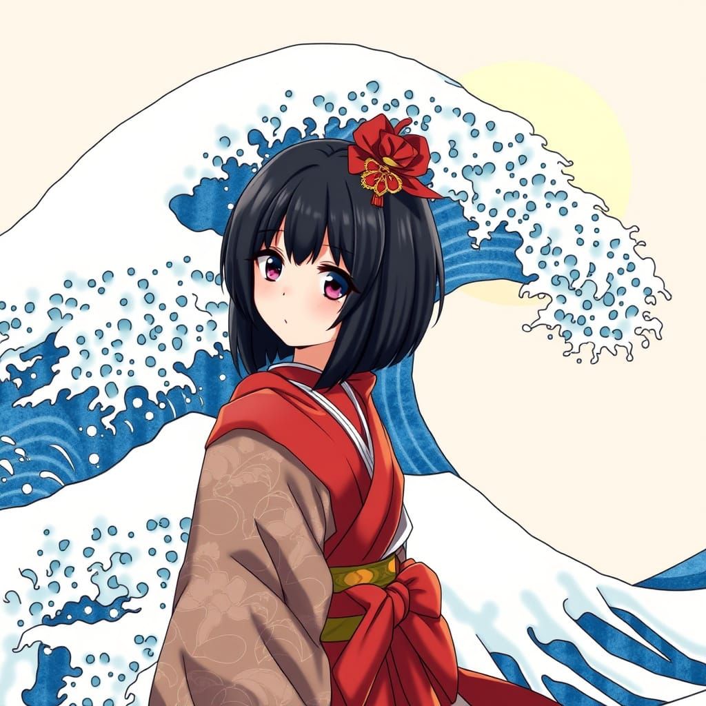 Japanese Anime Girl Amidst Great Wave