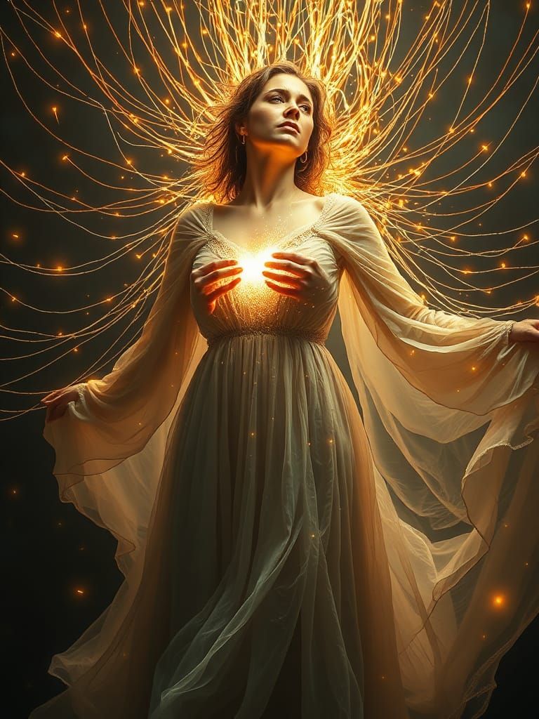 Woman with Light Bursting, String Art Style