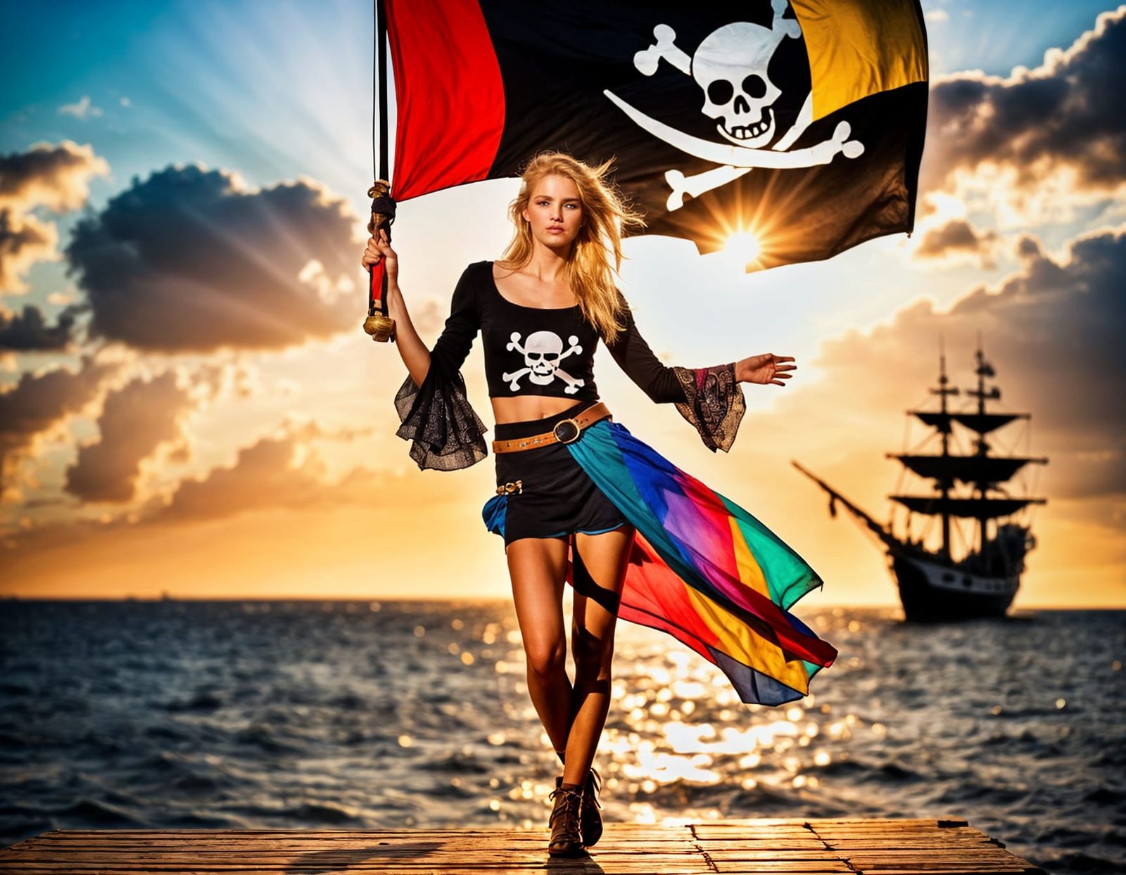 Blonde Pirate Woman Posing with Pirate Ship