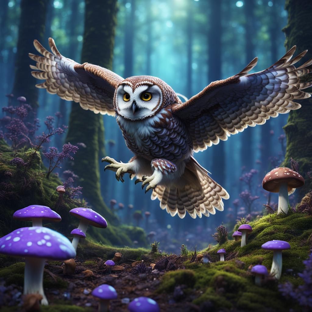 Owl in a Purple Mushroom Forest: Fantasy Art