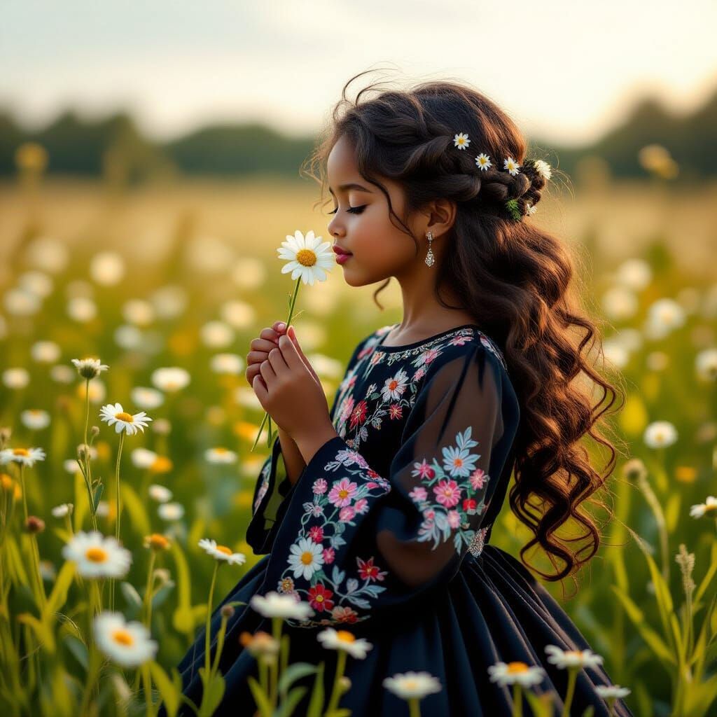 Girl in Elegant Dress Smelling Daisy in Field