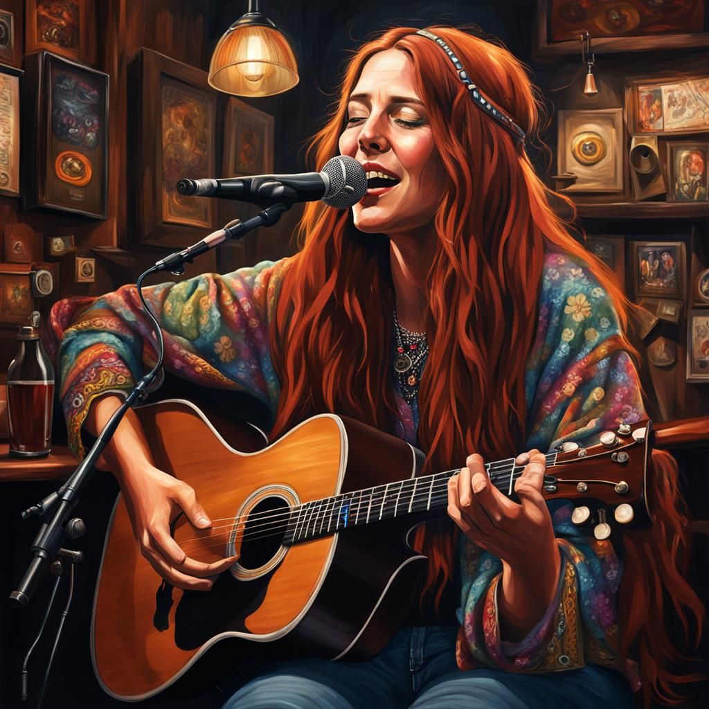Hyperrealistic Hippy Woman Singing in Pub