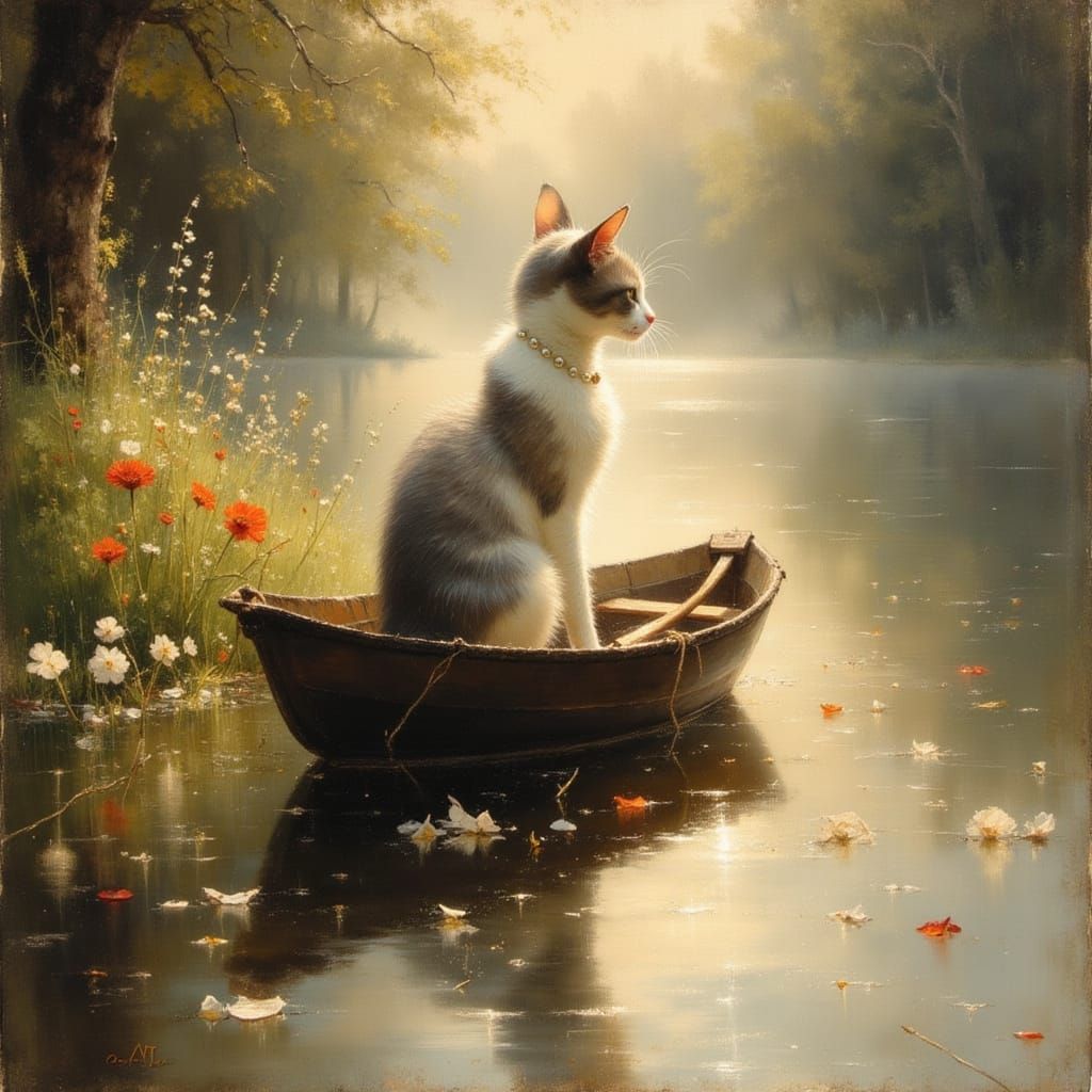 Pearl Cat in Boat with Impressionist Floral Reflections