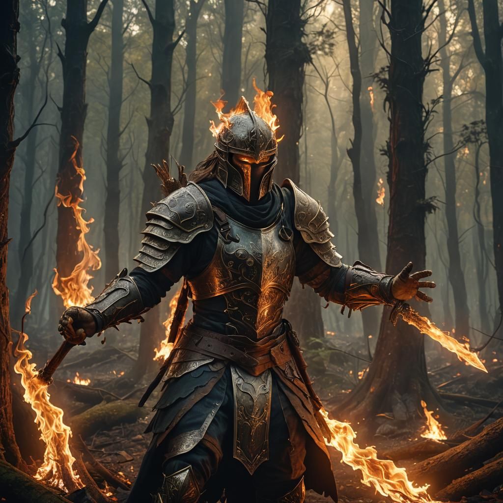 Fiery Warrior in Mystical Forest: Digital Matte Painting