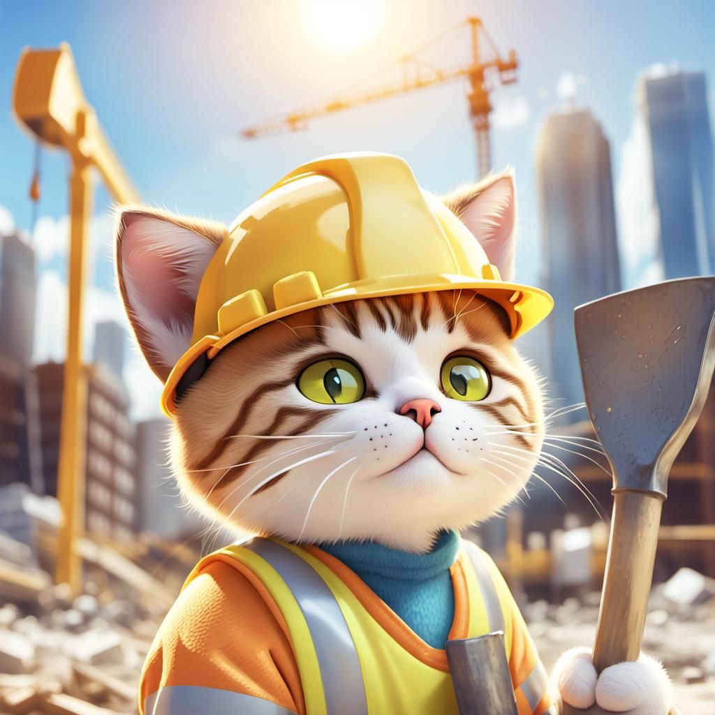 Sad Kitty Construction Worker in Cartoon Style