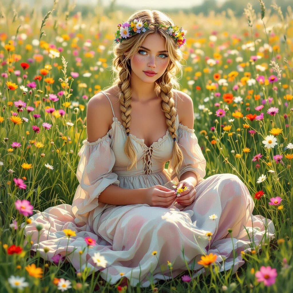 Woman in Flower Field, Art Nouveau Style