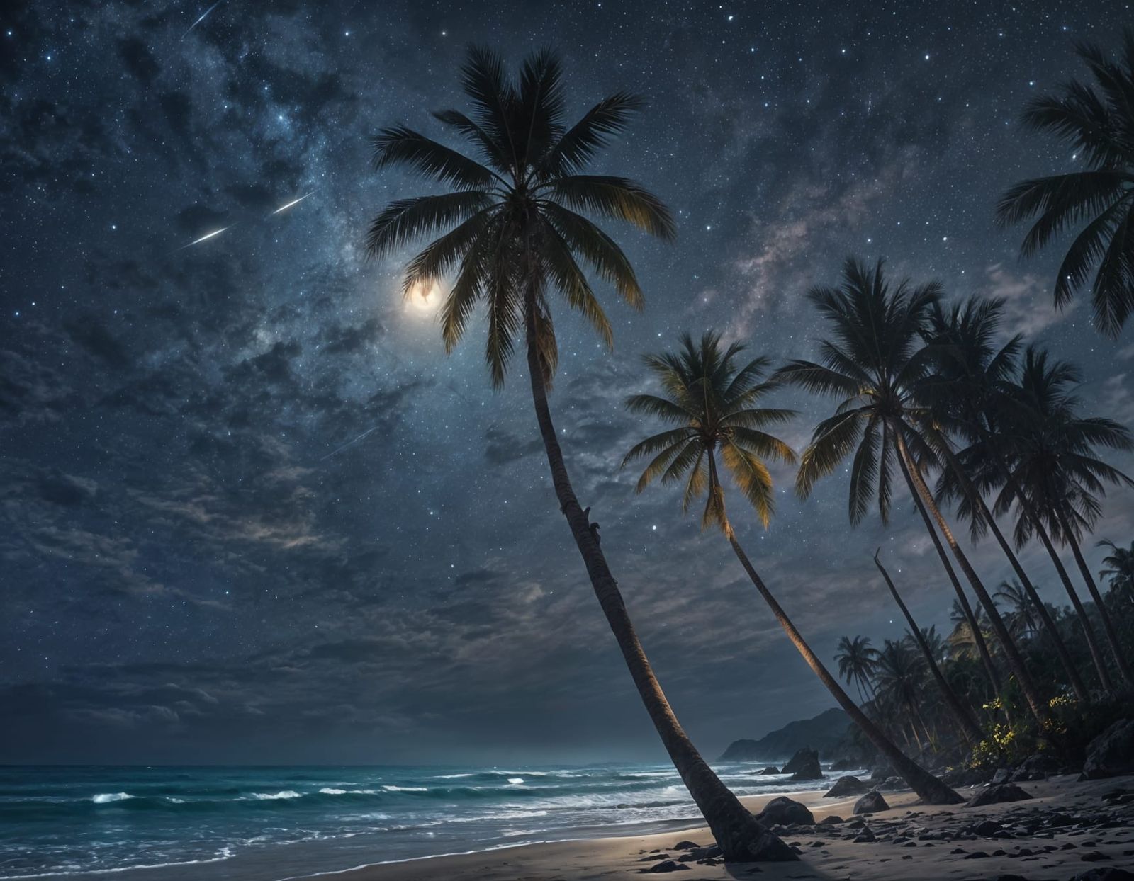 Tropical Night: Palm Trees, Moon, Milky Way