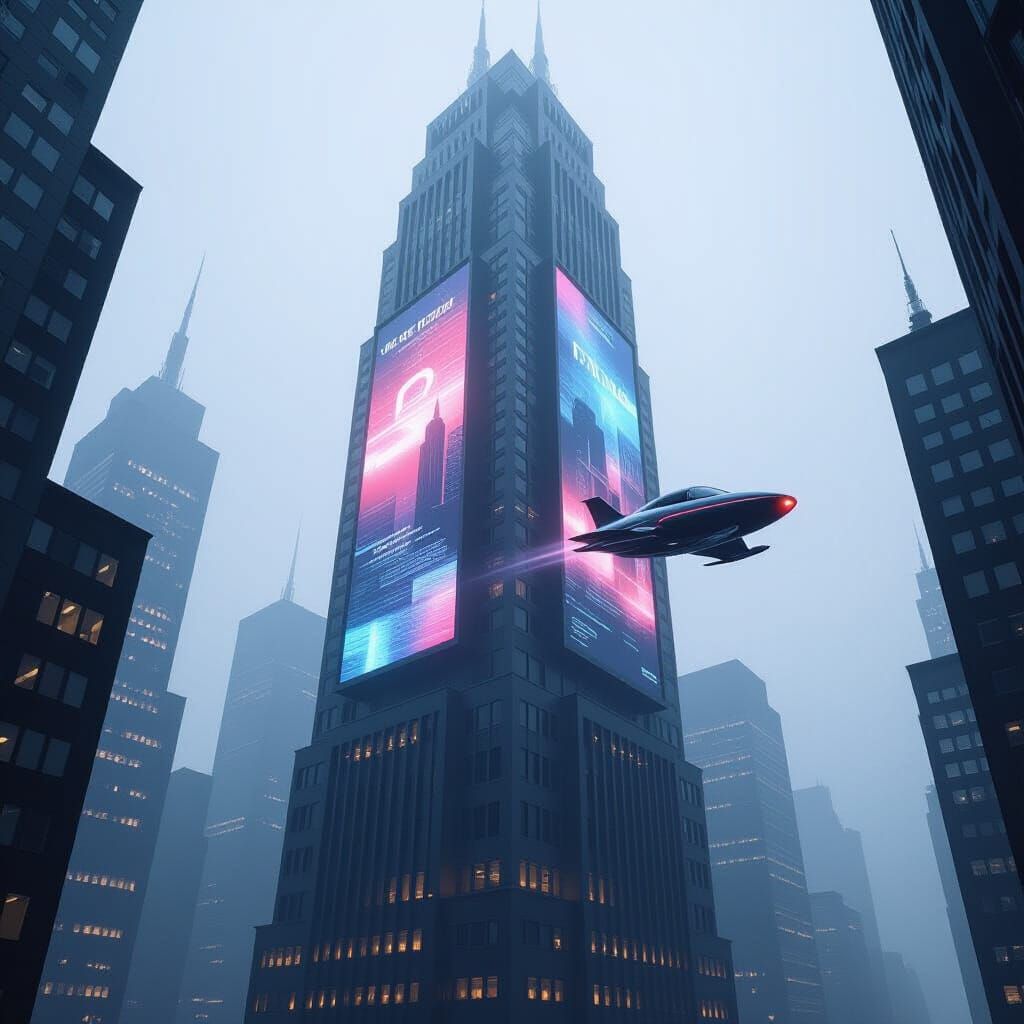 Art Deco Skyscraper in Smoggy Sky with Glowing Screens
