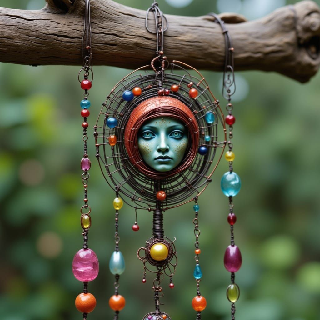 Whimsical Beaded Wind Chime in Folk Art Style