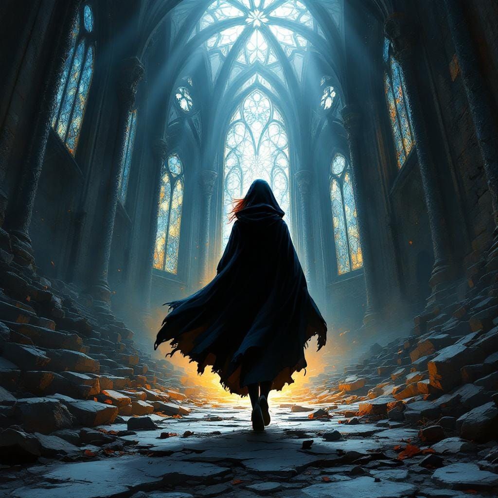 Fantasy Witch Walking Through Devastated Temple