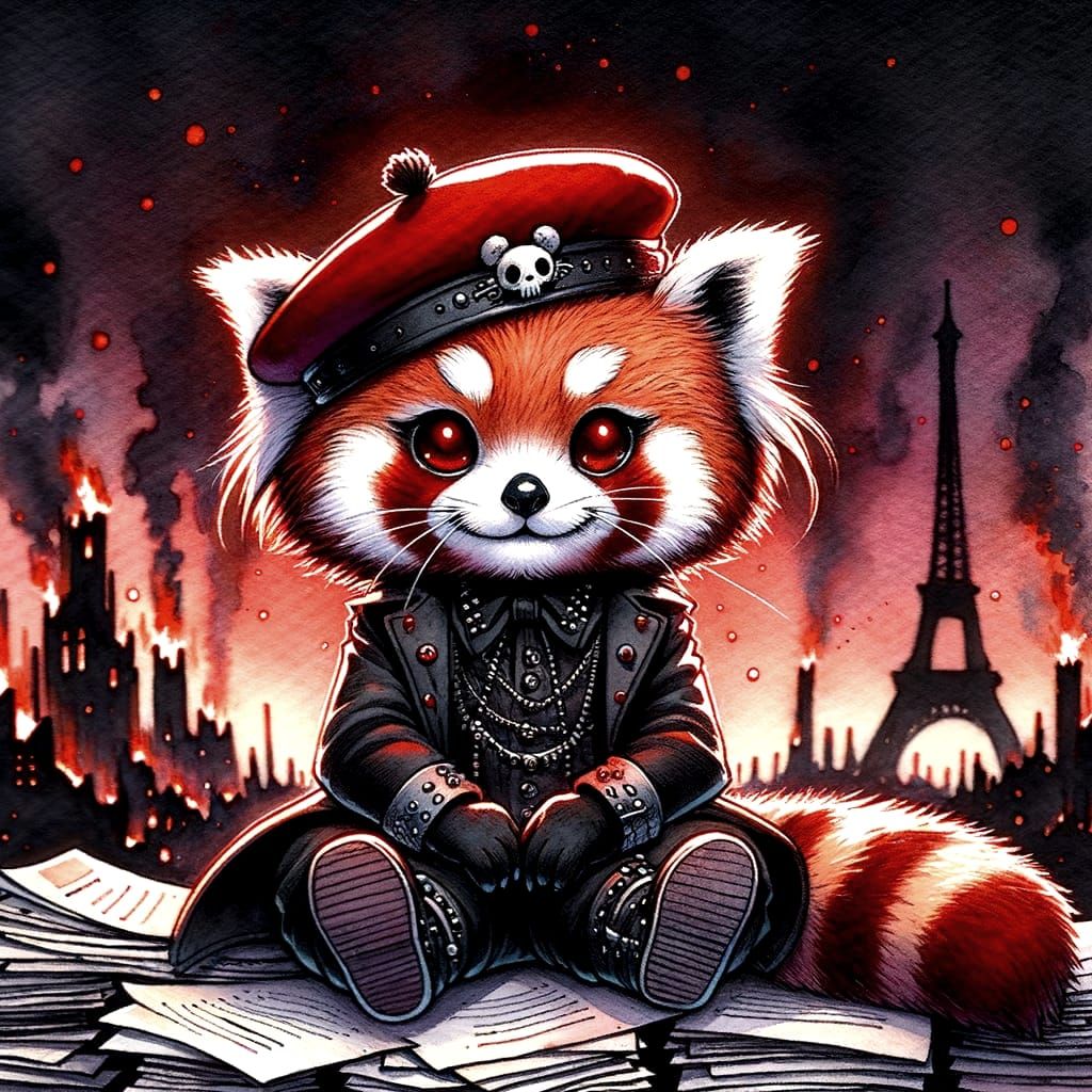 Whimsical Gothic Chibi Red Panda in Apocalyptic Landscape