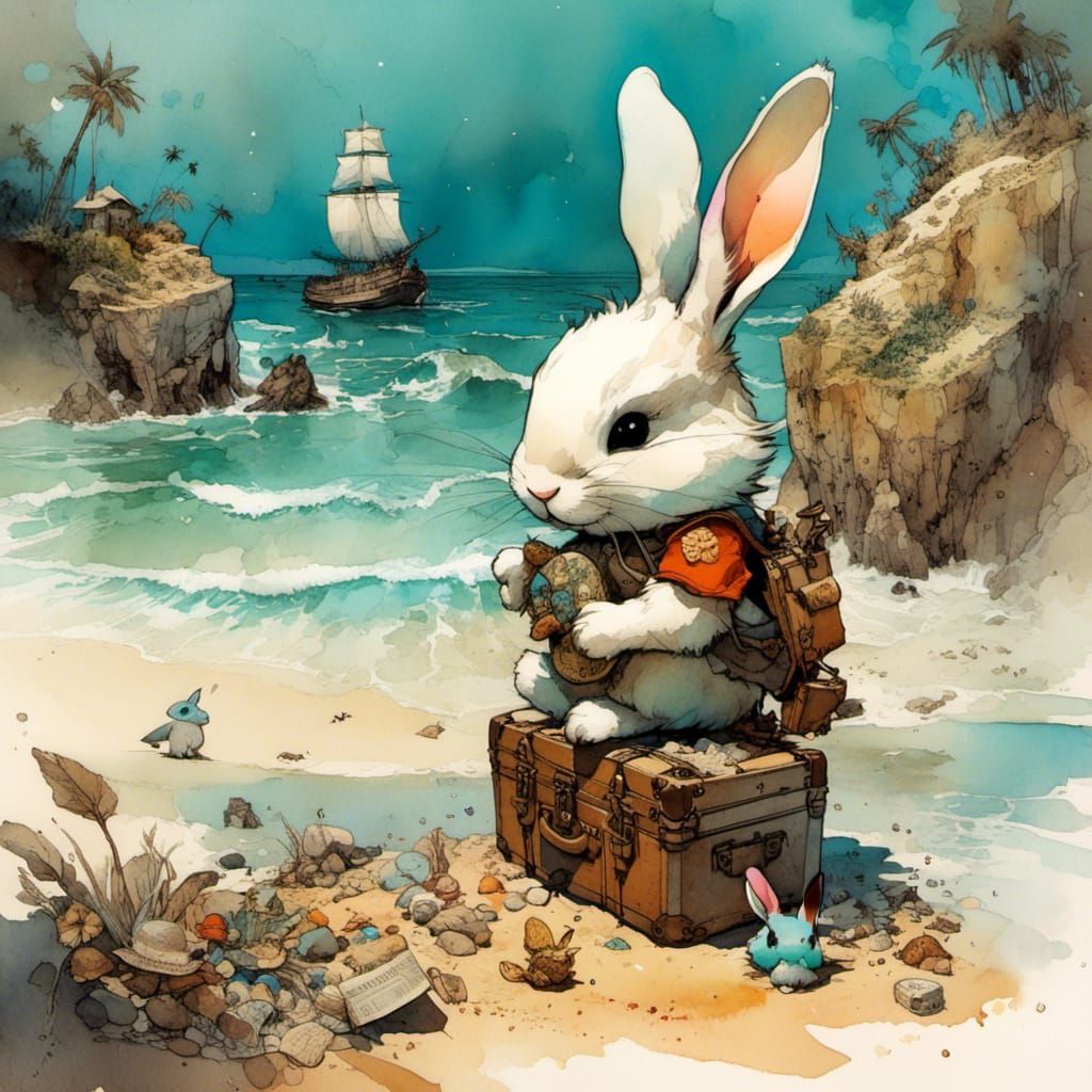 Chibi Bunny Finds Beach Treasure in Watercolor