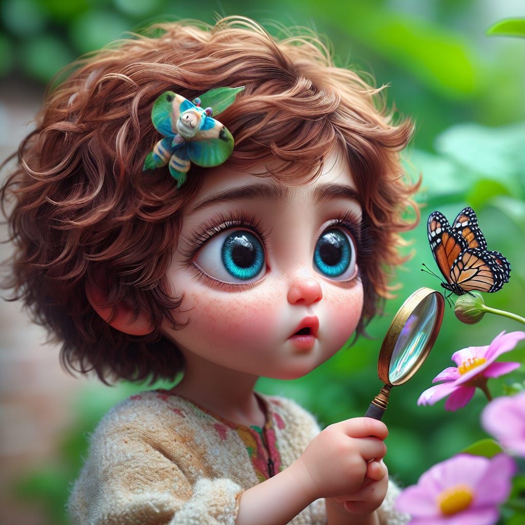Whimsical Girl Captured in Wonder with Colorful Butterfly