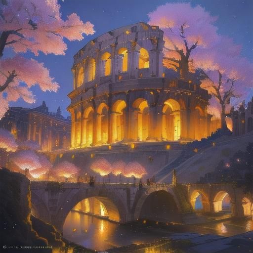 Colosseum at Night with Cherry Blossoms: Matte Painting