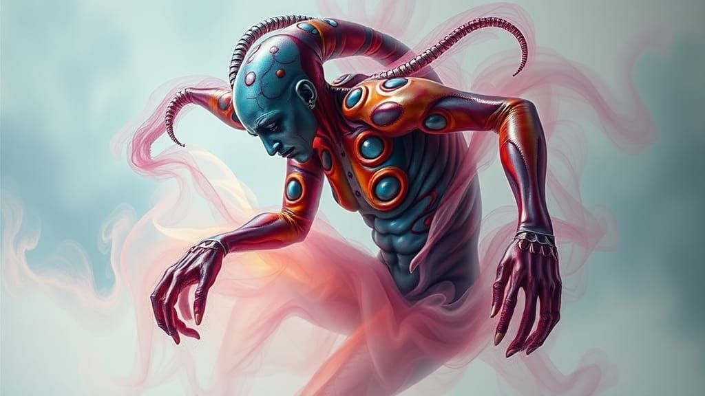 Humanoid Harlequin with Fractal Patterns in Biomechanical Ar...