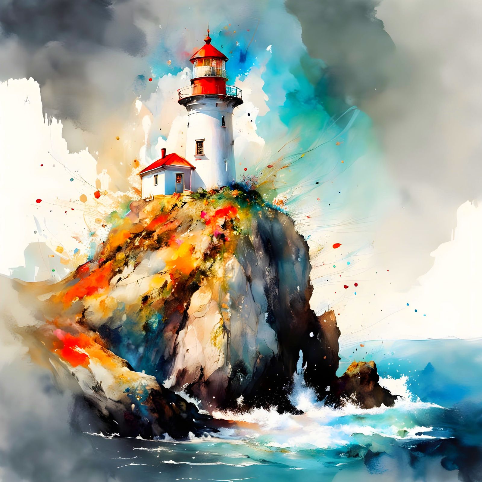 Maine Lighthouse With Puffin, Ink Wash Style