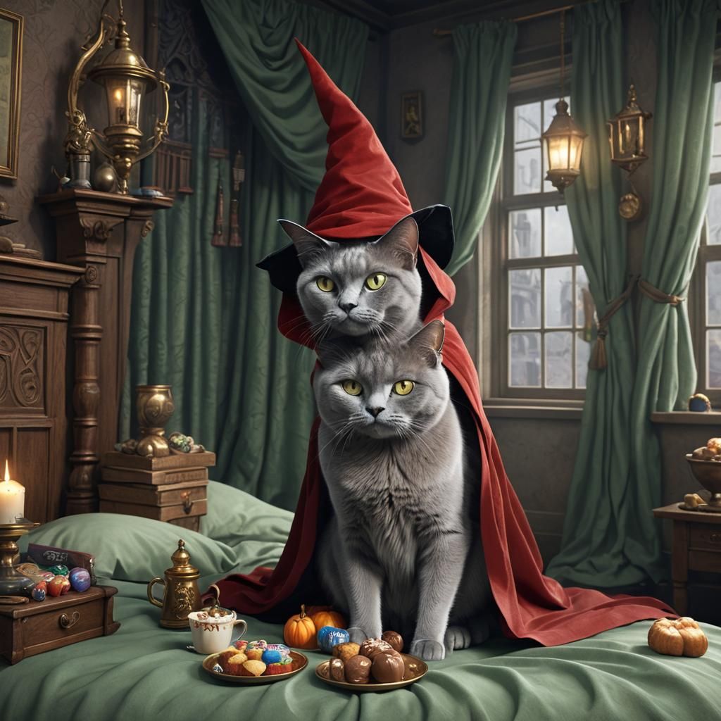 Blue Burmese Cat Wizard at Hogwarts, Digital Art