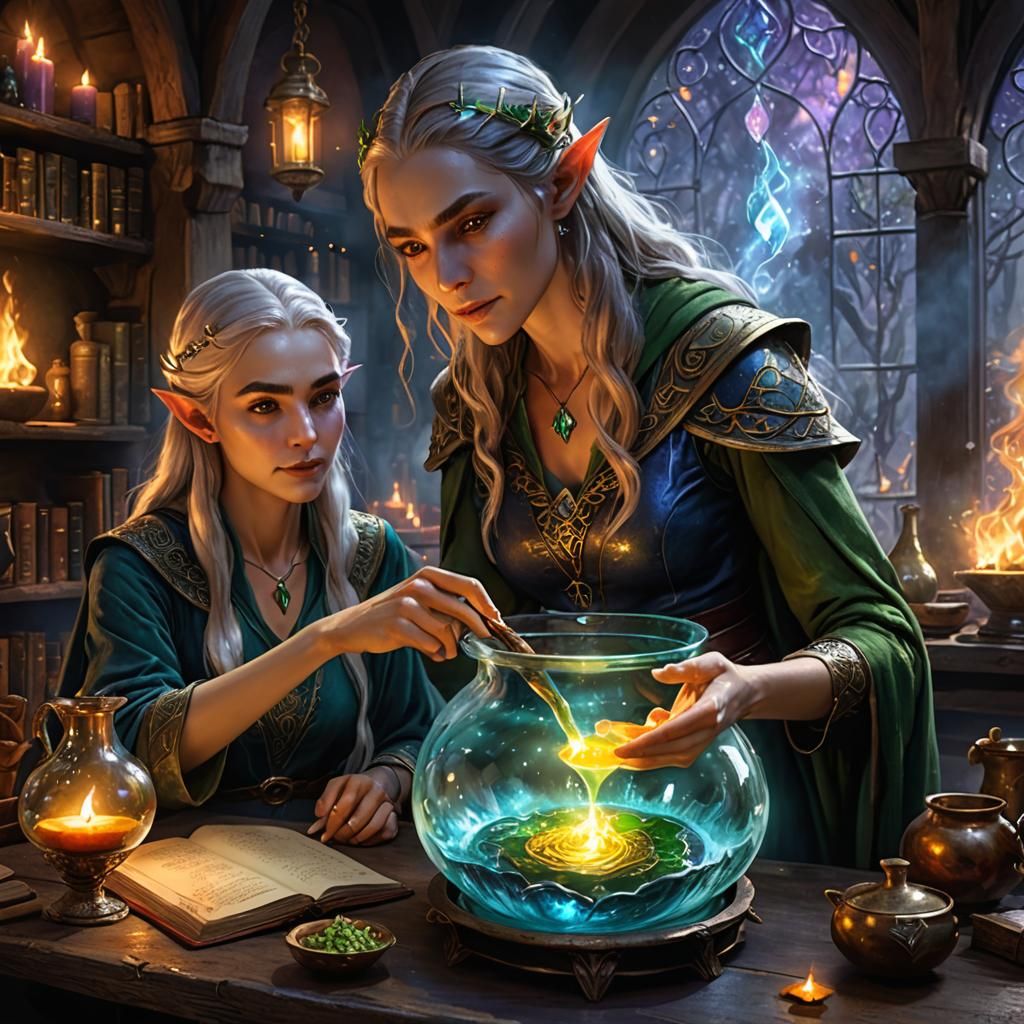 Elven Apprentice Brews Potion in Magical Library