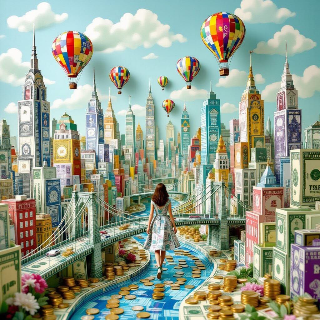 Cityscape Made of Banknotes with Currency Hot Air Balloons