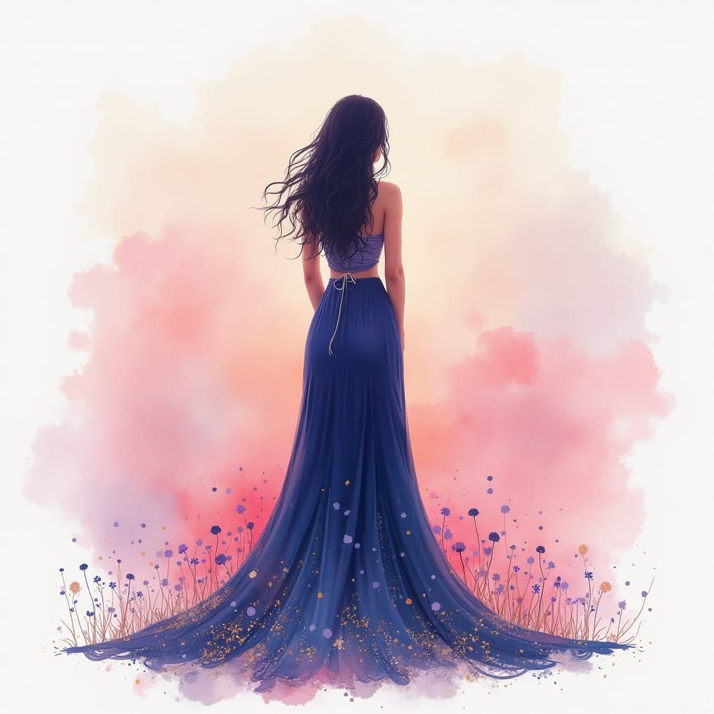 Dreamy Woman in Soft Watercolor Hues with Gold Accents