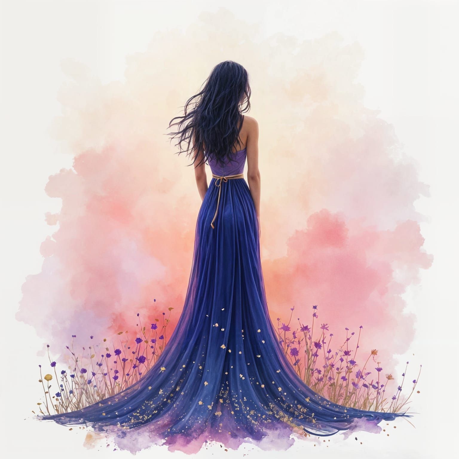 Dreamy Woman in Soft Watercolor Hues with Gold Accents