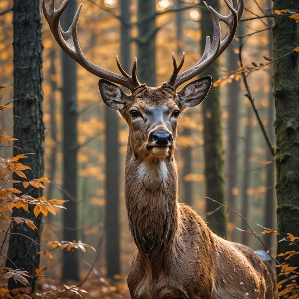 Majestic Deer Portrait in Forest, Macro Photography