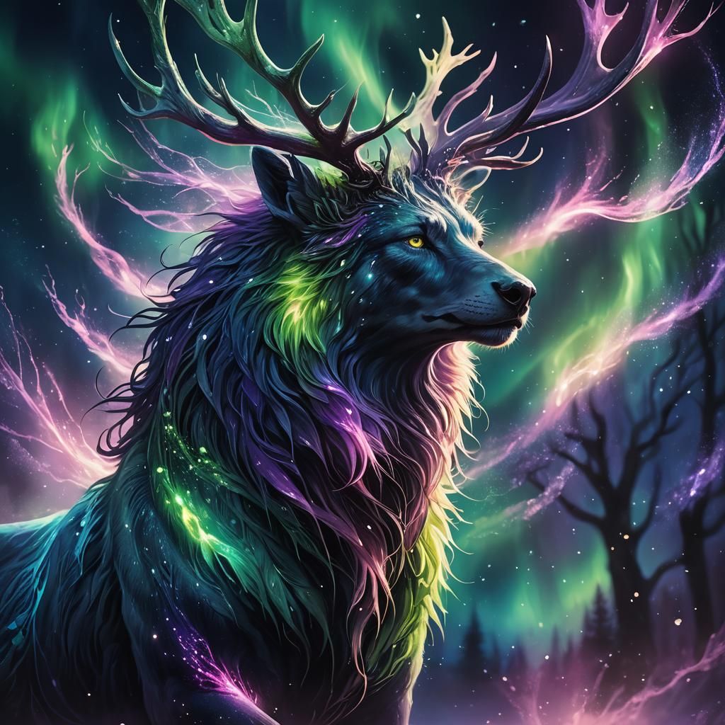 Aurora Borealis Creature in Mythic Night, Fantasy Art