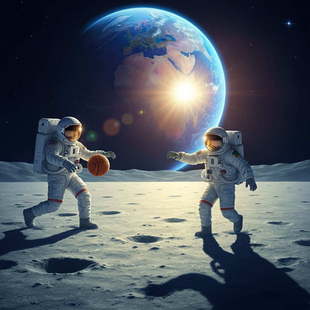 Astronauts Play Basketball on the Moon in Hyperrealism Style