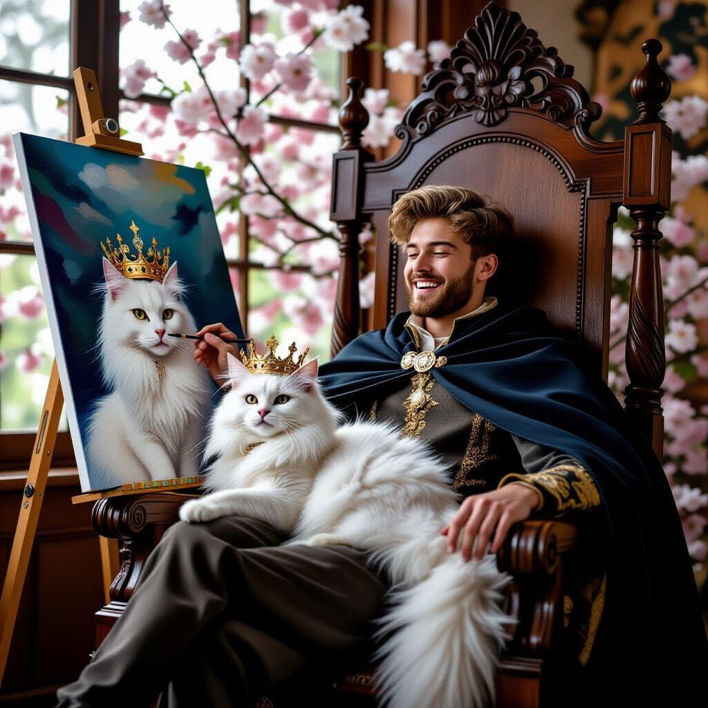Cat King and Artist on Throne, Blossoms Falling