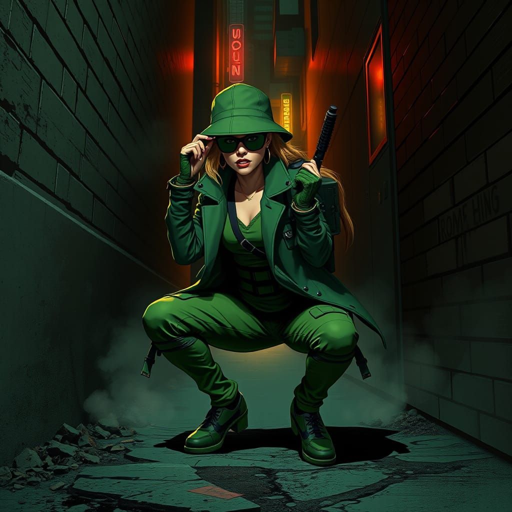 Stealthy Green Spy in Gritty Urban Alleyway