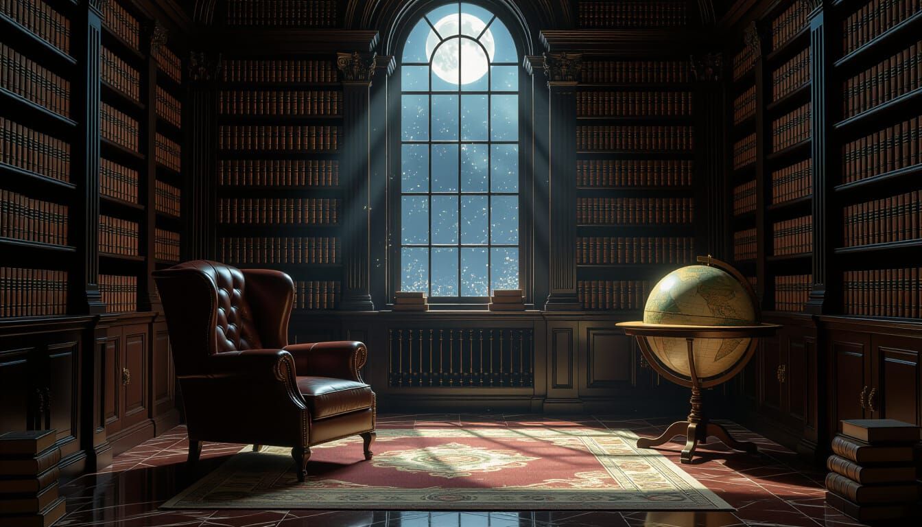 Dimly Lit Victorian Study with Ancient Tomes