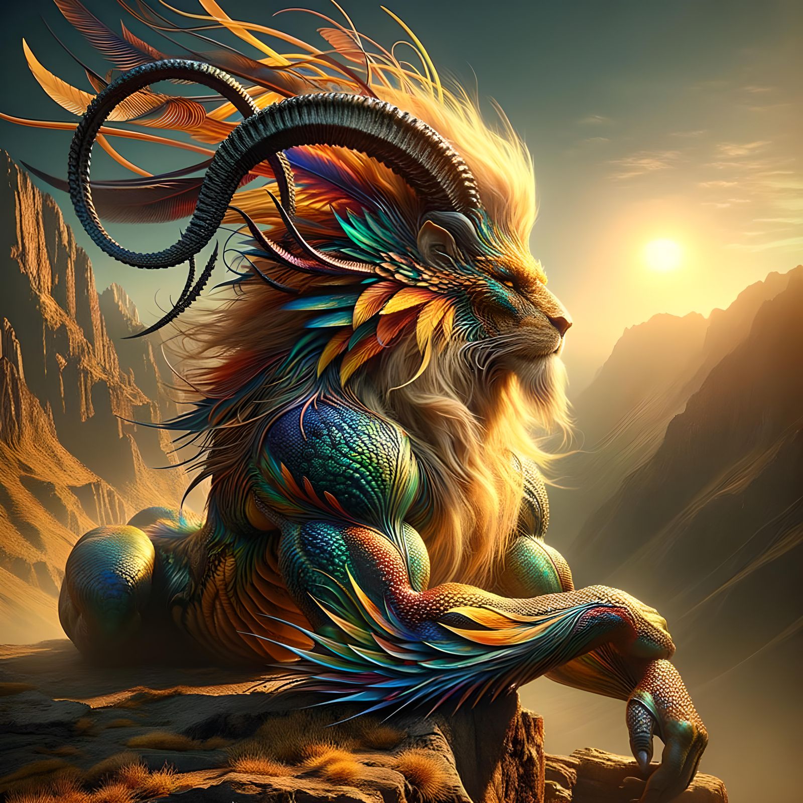 Iridescent Chimera on Mountain Peak in Photorealistic Style