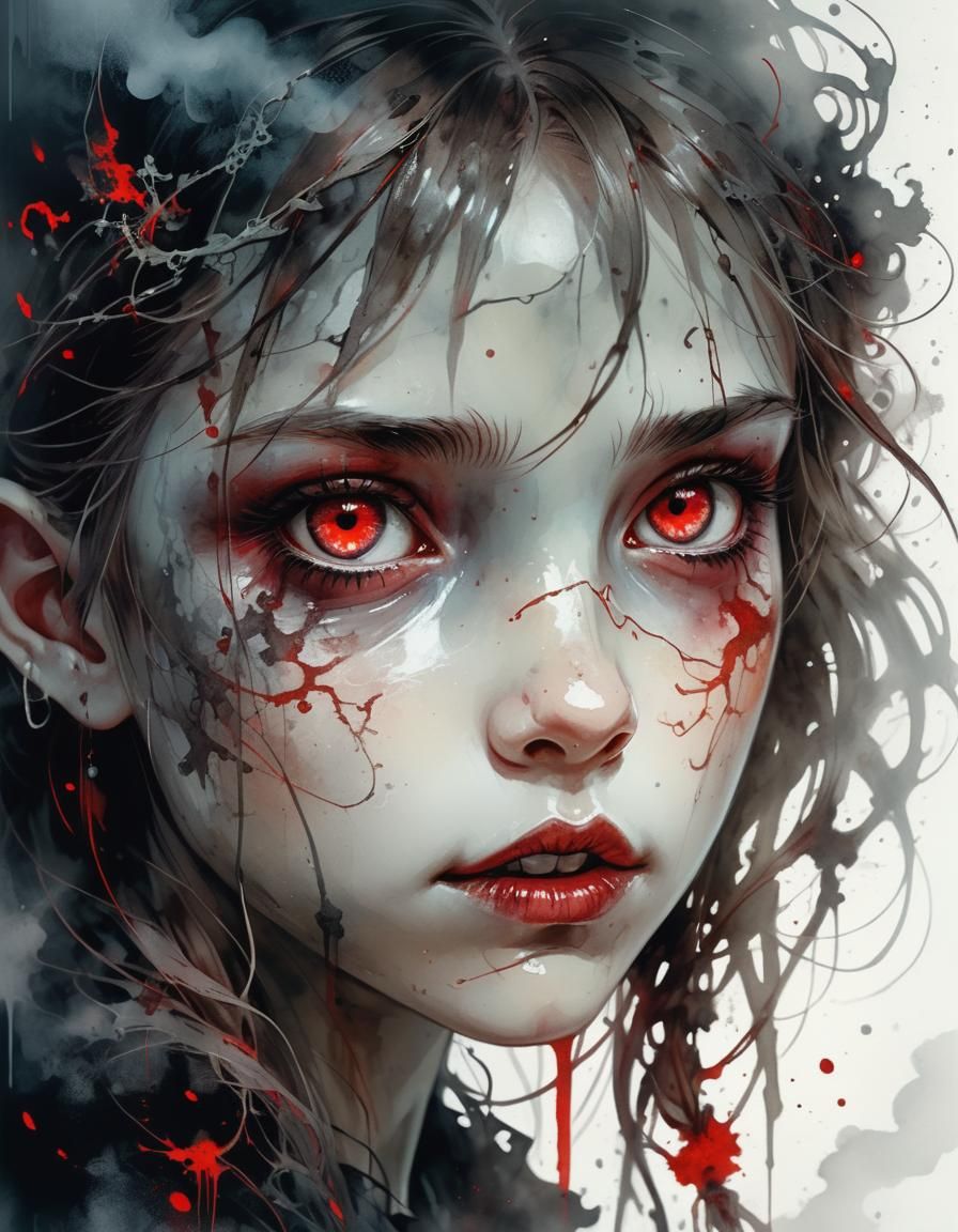 Dark Fantasy Vampire with Red Eyes in Mist