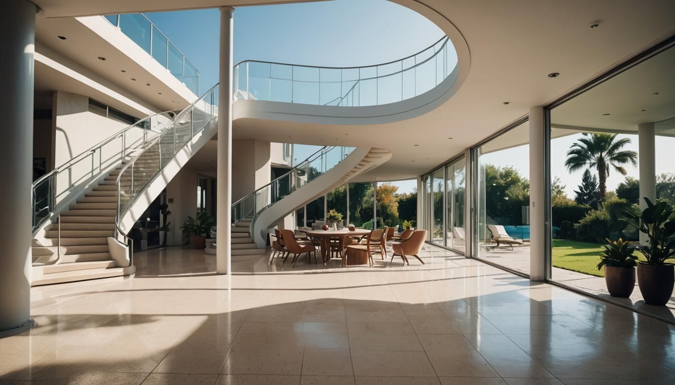 Futuristic Space Age Villa with Bifurcated Stairway