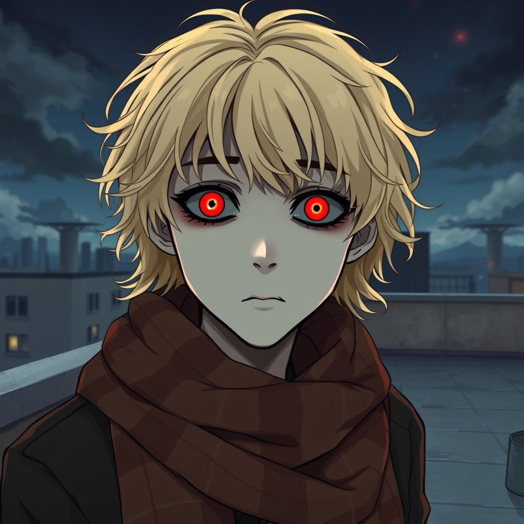Horror Portrait: Blonde Man with Red Eyes in Manga Style