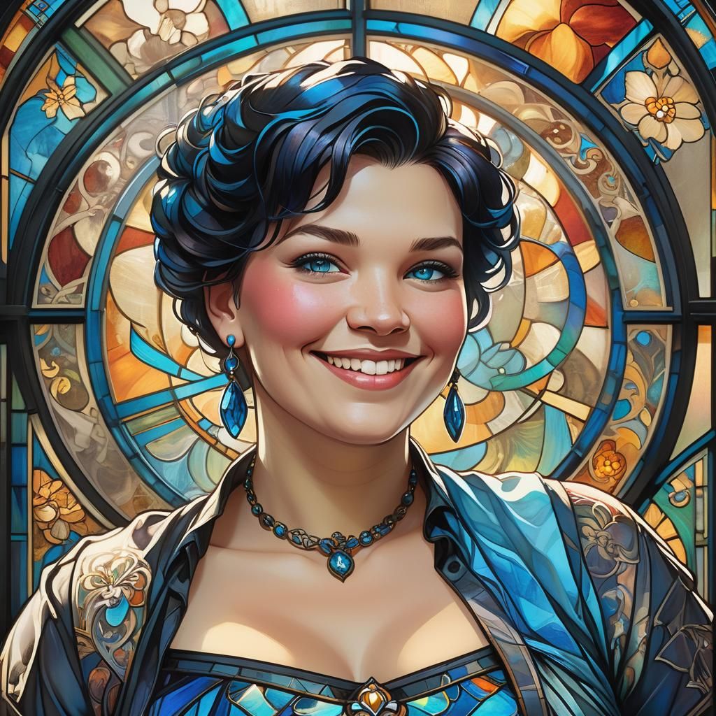 Smiling Woman Portrait with Stained Glass Window