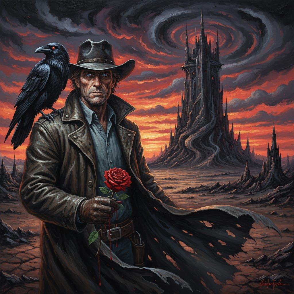 Lone Cowboy and Dark Tower at Sunset in Oil Impasto Style