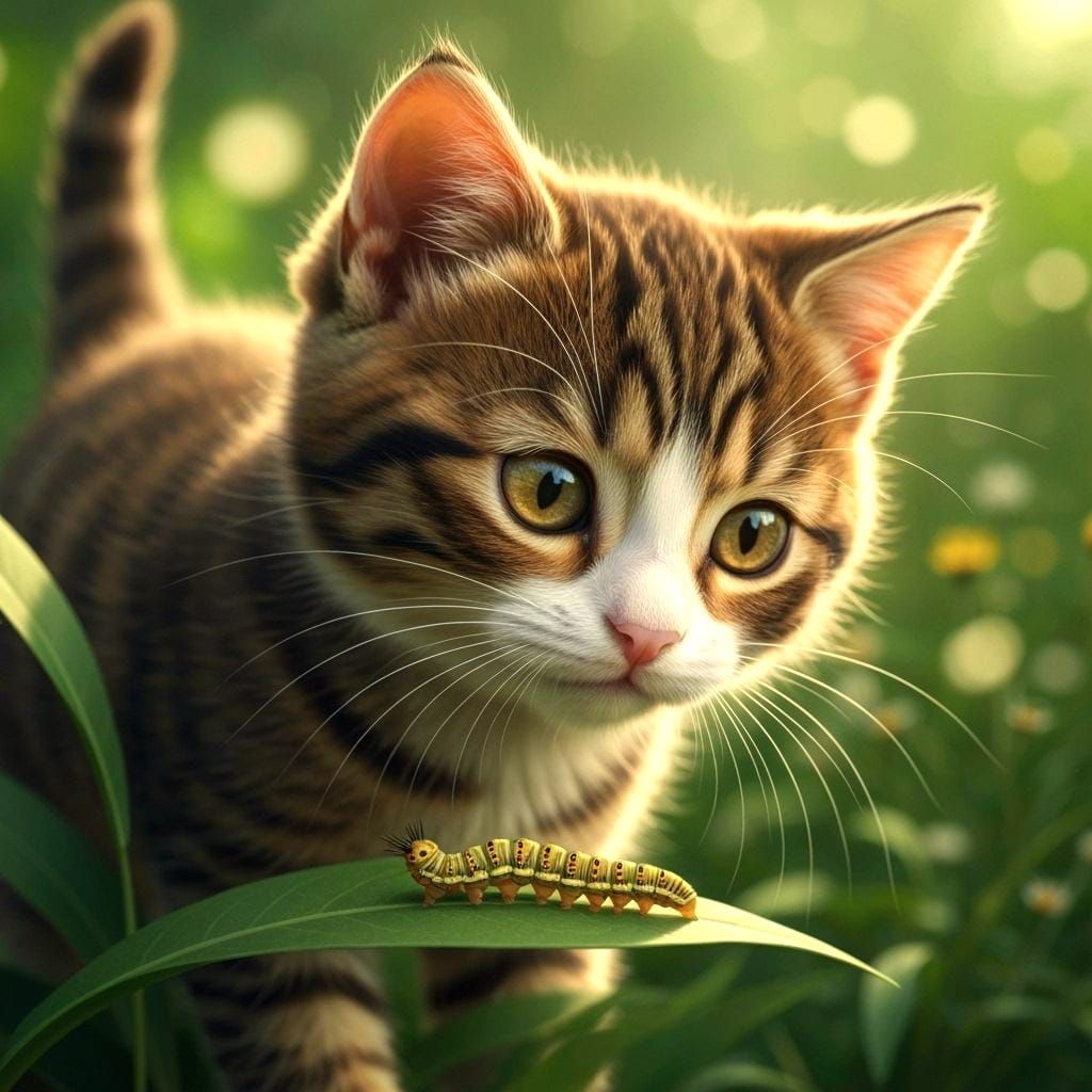 Adorable Kitten and Caterpillar in Bokeh Garden