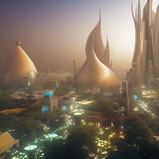 Alien Crystal Cityscape Concept Art in Peach-Rose-Gold